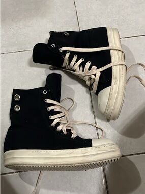 Rick Owens Black High-Top Sneakers with Cream Soles